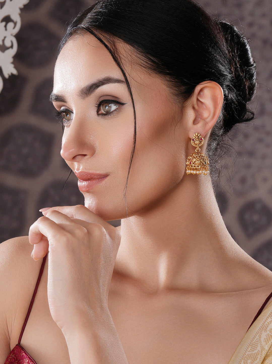 Gold Finish Red  Kempo Studded Nagas GoddessLakshi  Design Temple  Jhumka Earrings